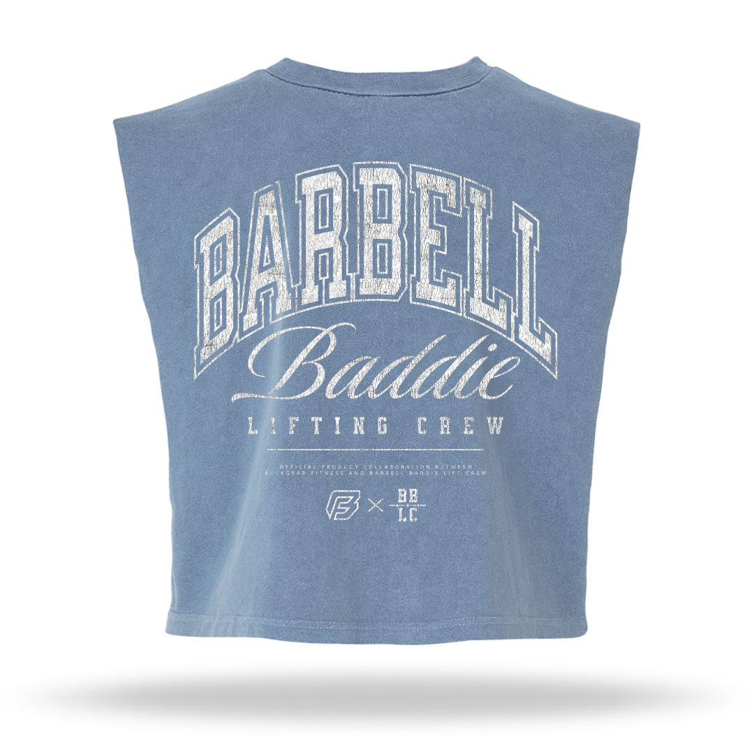 "BARBELL BADDIE" MUSCLE CROP (DENIM)