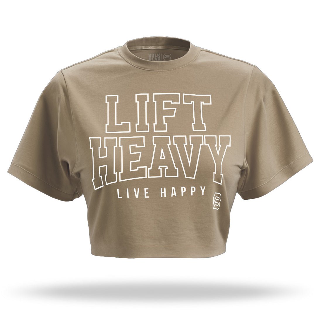"LIFT HEAVY LIVE HAPPY" Raw Edge Crop (SHIITAKE)