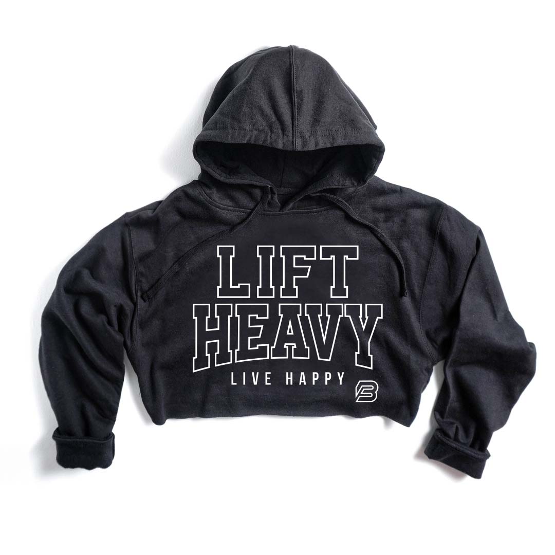 "LIFT HEAVY LIVE HAPPY" Hyper Crop Hoodie BLACK