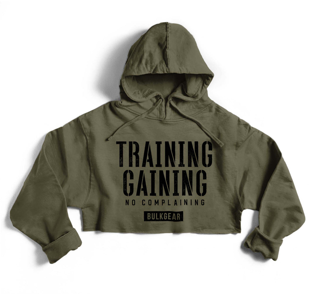 "TRAINING AND GAINING" Hyper Crop Hoodie (MILITARY)