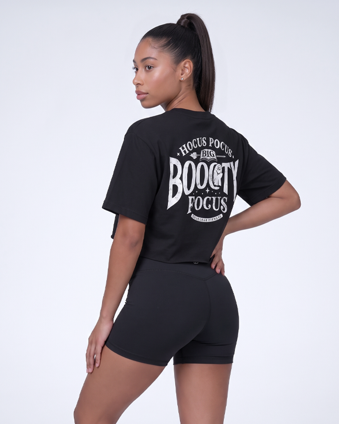 "BOOOTY FOCUS"  RAW EDGE CROP (BLACK)