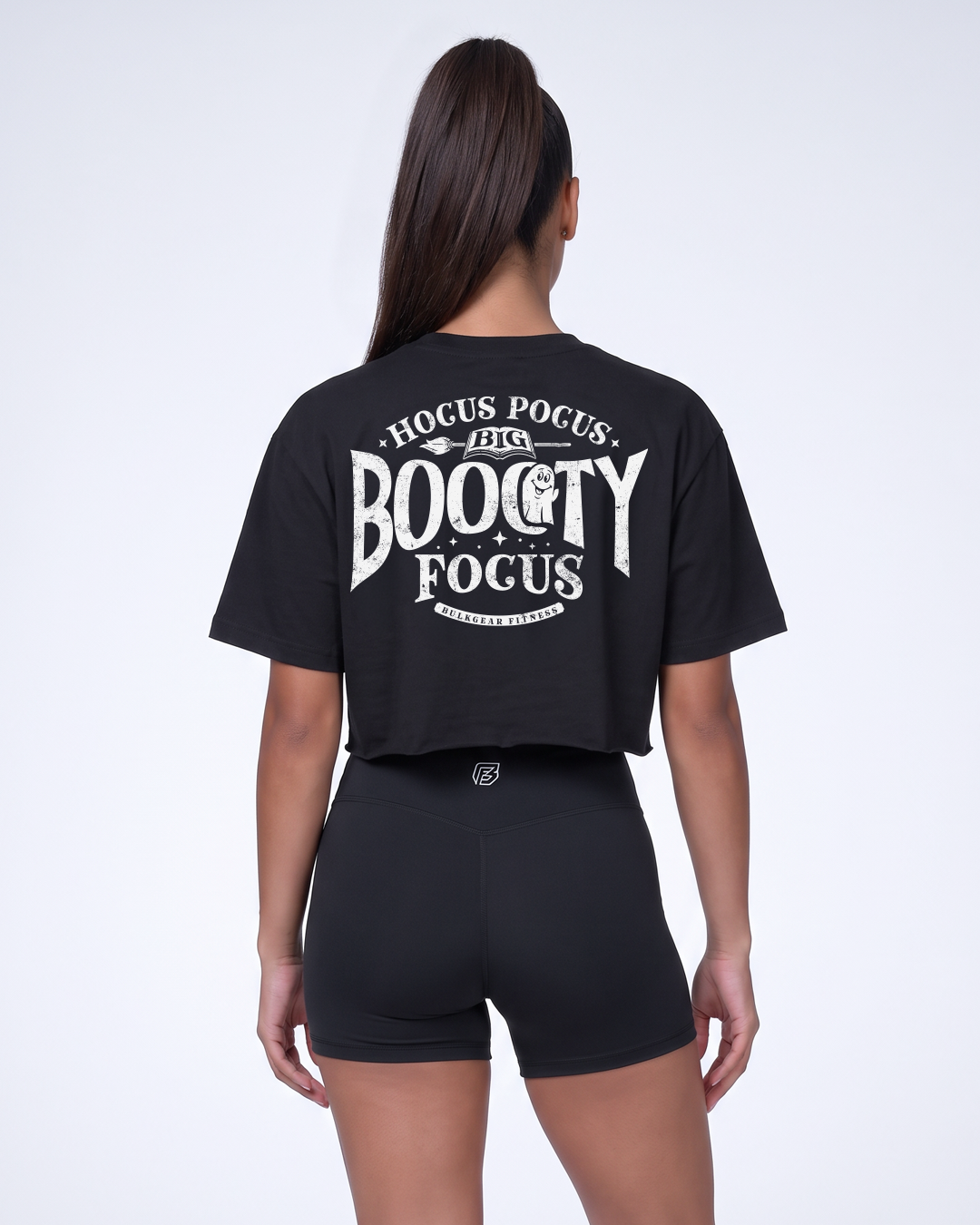 "BOOOTY FOCUS"  RAW EDGE CROP (BLACK)