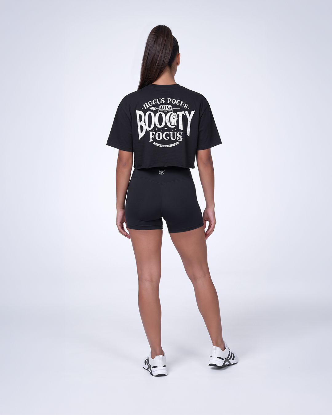 "BOOOTY FOCUS"  RAW EDGE CROP (BLACK)