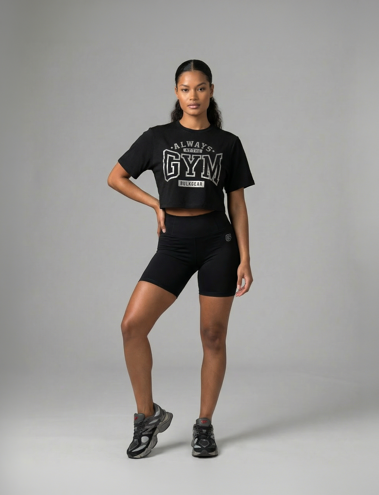 Always at the Gym women's cropped gym tee in black front view on Fitness model full body #color_black