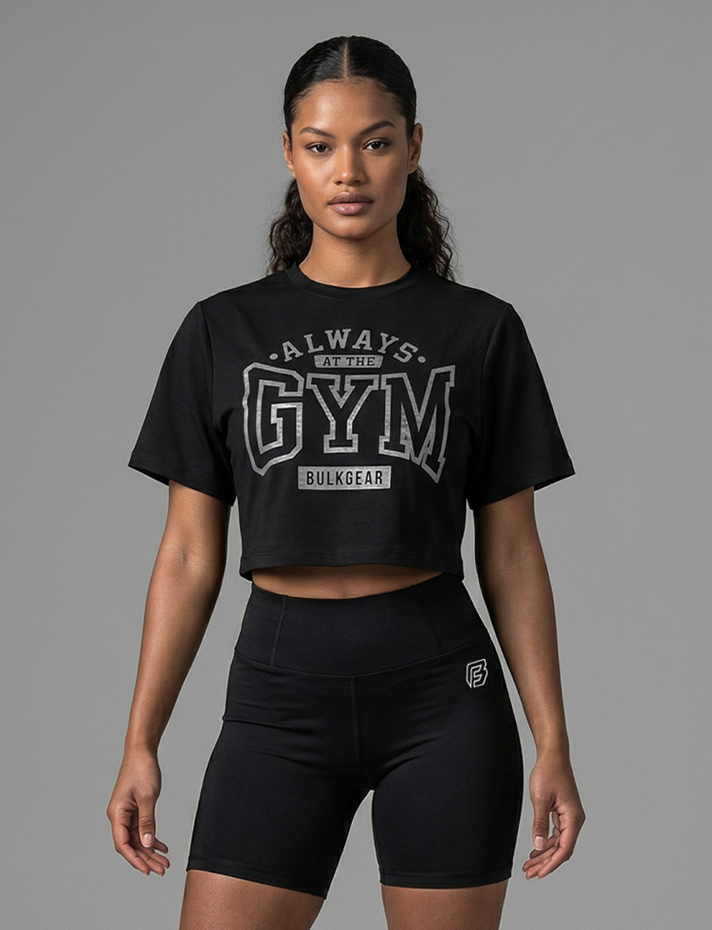 Always at the Gym women's cropped gym tee in black front view on Fitness model #color_black