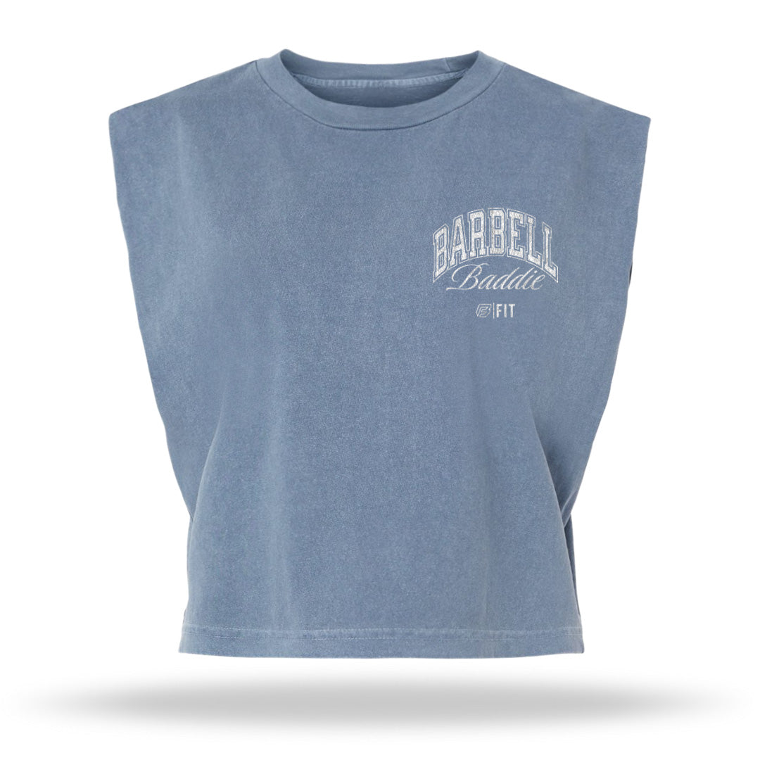 "BARBELL BADDIE" MUSCLE CROP (DENIM)