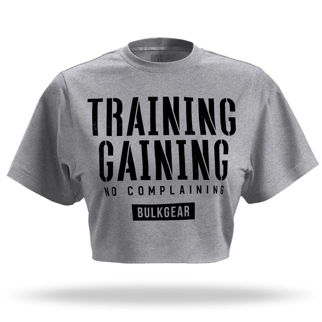 "TRAINING AND GAINING" Raw Edge Crop (ATHLETIC HEATHER)