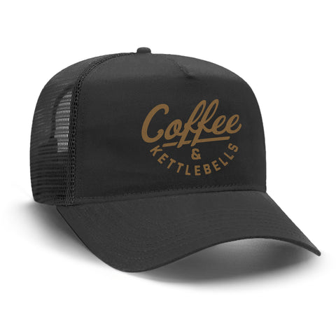 "COFFEE AND KETTLEBELLS" Mesh Trucker Hat (BLACK)