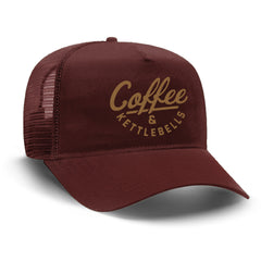 "COFFEE AND KETTLEBELLS" Mesh Trucker Hat (BURGUNDY)