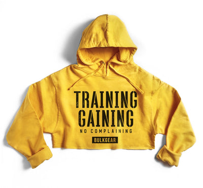 "TRAINING AND GAINING" Hyper Crop Hoodie (GOLD)