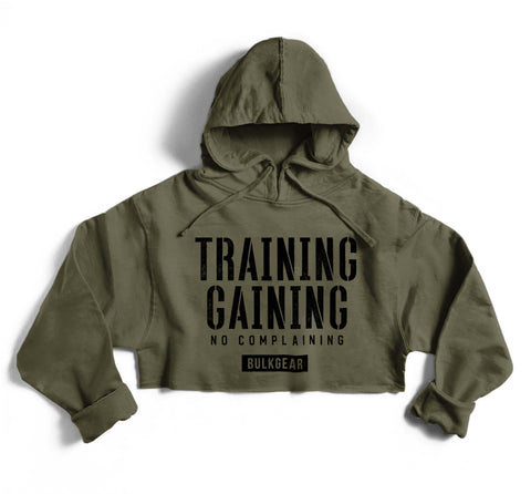 "TRAINING AND GAINING" HYPER crop hoodie (MILITARY)