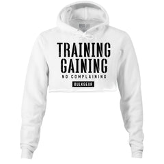 "TRAINING AND GAINING" HYPER crop hoodie (WHITE) Large Only