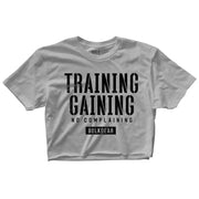 "TRAINING AND GAINING" Raw Edge Crop (ATHLETIC HEATHER)